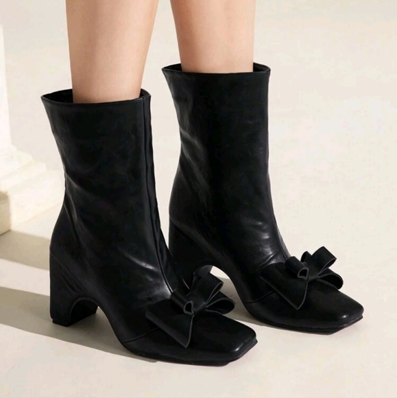Square Toe Platform Bow Tie Mid-Calf Boots For Women For Christmas - Picture 1 of 6